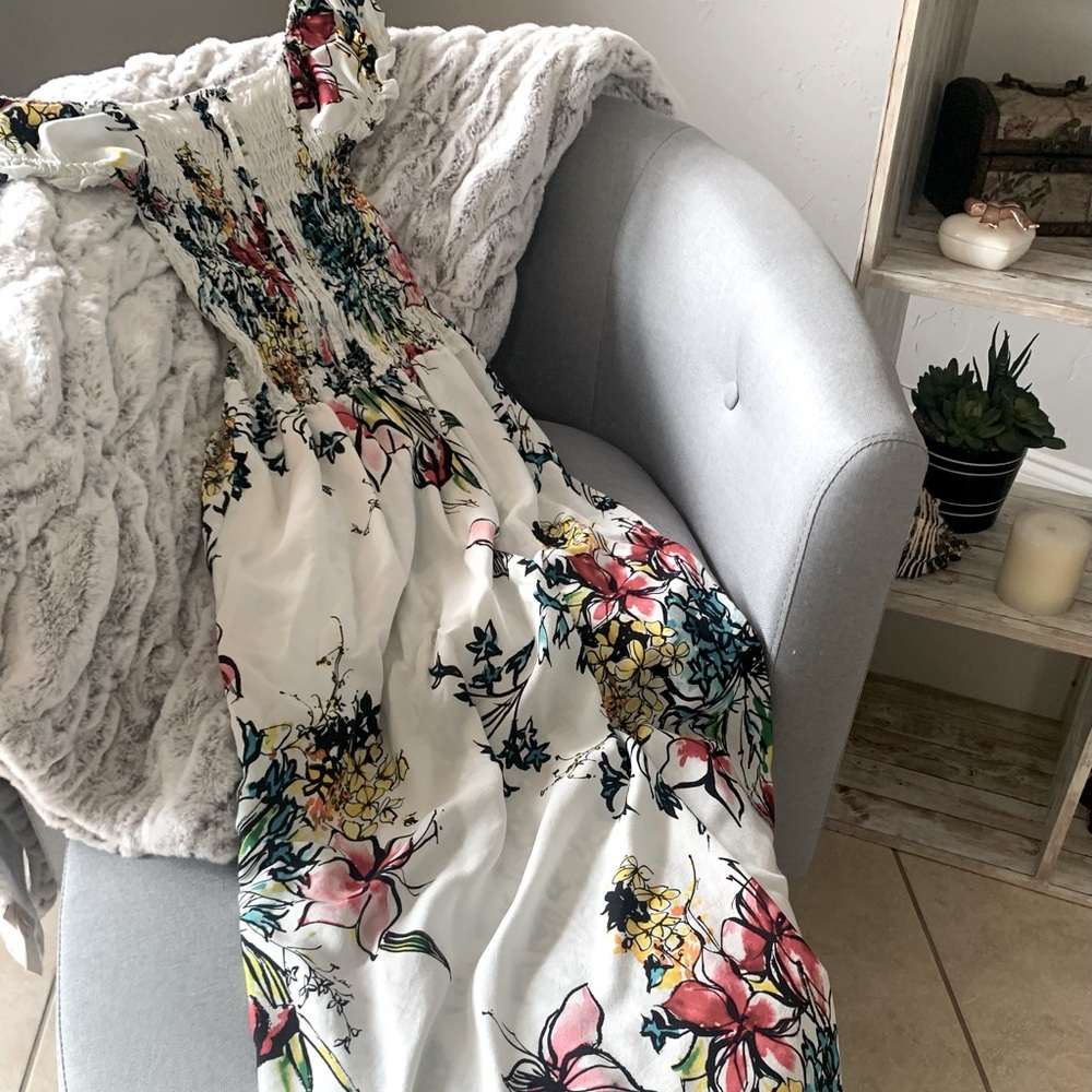 White and Floral Smocked Peasant Maxi Dress